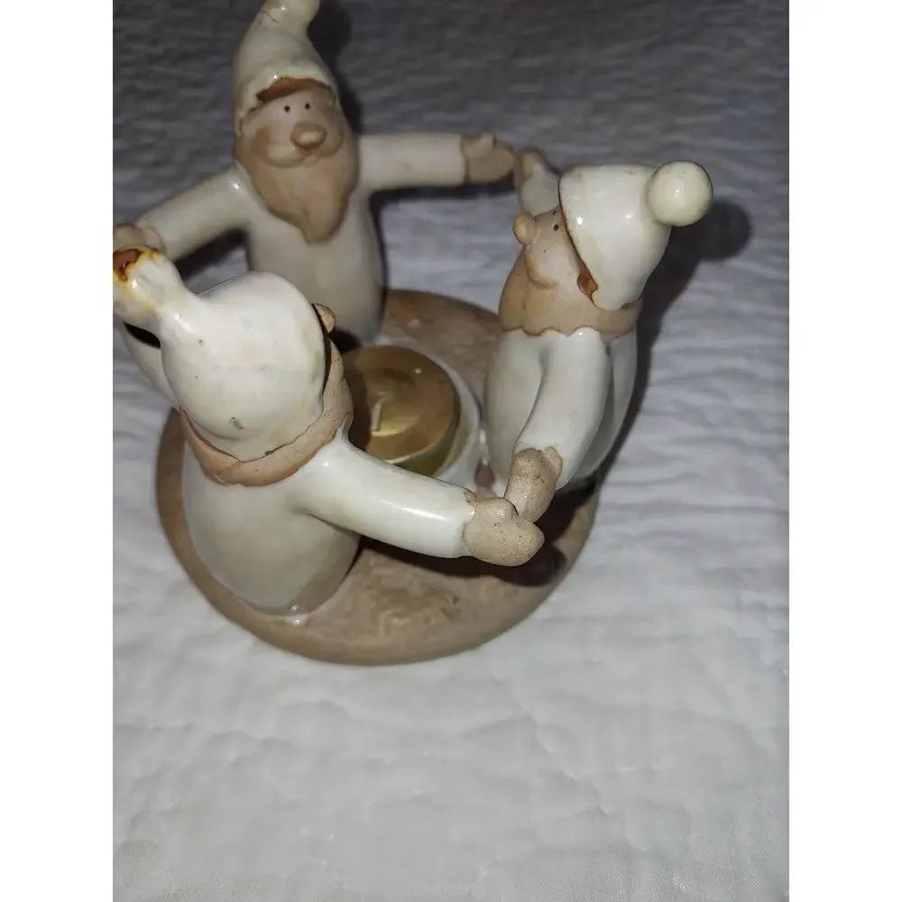 Kirklands Stoneware Tea light Candle Holder w/ 3 elves natural stone color 5